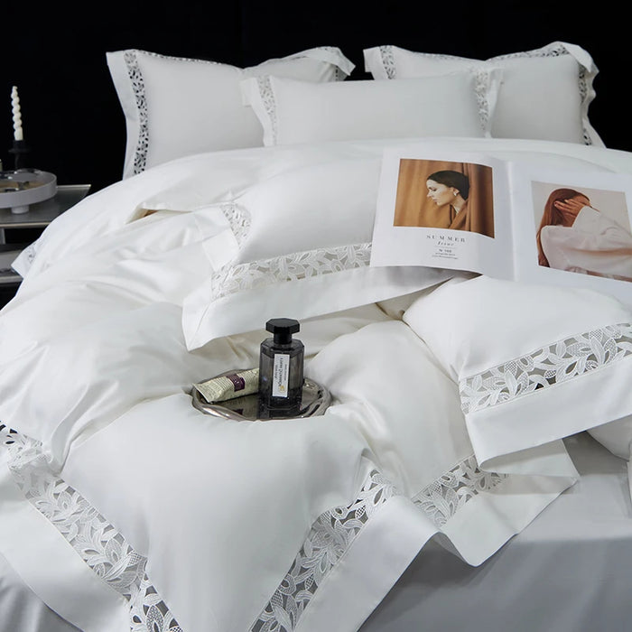 Pure White Egyptian Cotton Bedding Set Luxury Hollow Out Embroidery Duvet Cover Bed Sheets Pillowcases High-end Hotel Bed Set