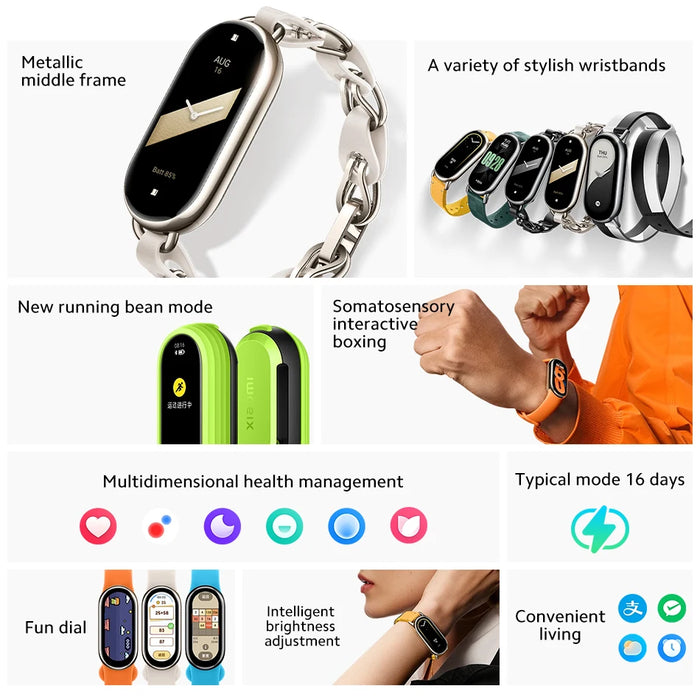 New Xiaomi Mi Band 8 Smart Bracelets Heart Rate Blood Oxygen Fitness Traker Bluetooth Waterproof NO NFC 7 Color AMOLED Screen