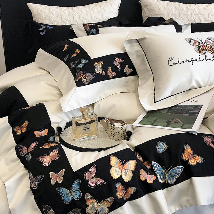 White Egyptian Cotton Bedding Set Luxury 4pcs Colorful Butterfly Embroidery Duvet Cover Bed Sheet Pillowcase Home Textile