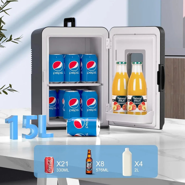 15 Liter/21 Cans Mini Fridge for Bedroom, 110V AC/12V DC Portable Skincare Fridge, Thermoelectric Cooler