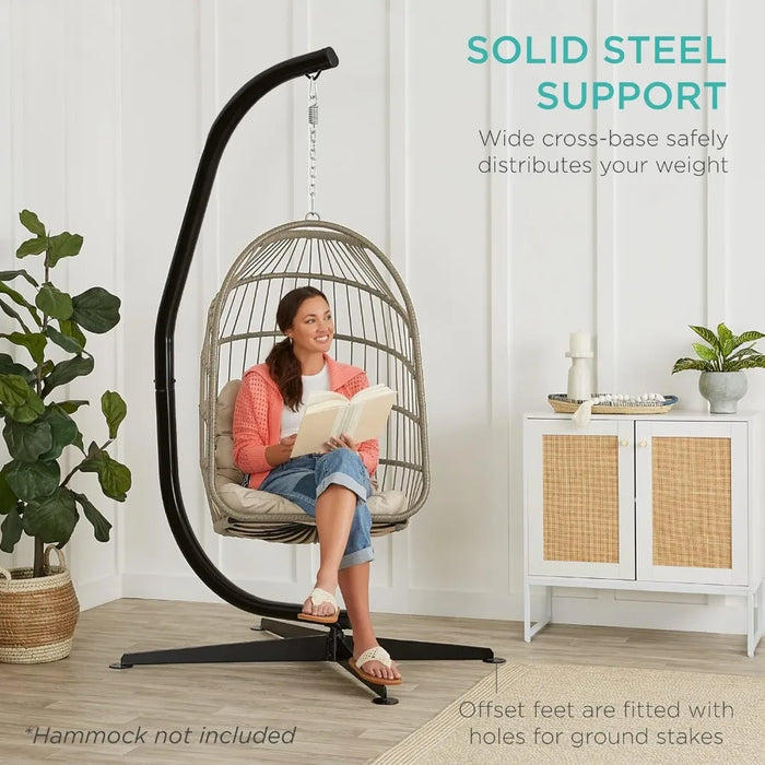Metal Hanging Hammock C-Stand for Chair, Porch Swing w/Weather-Resistant Finish, Offset Base, 360-Degree Rotation - Stand Only