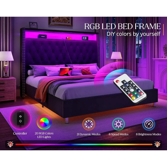 Bed Frame, Upholstered with Charging Station, Headboard Storage, Activated Night Light, No Need for A Spring Box, Bed Frame