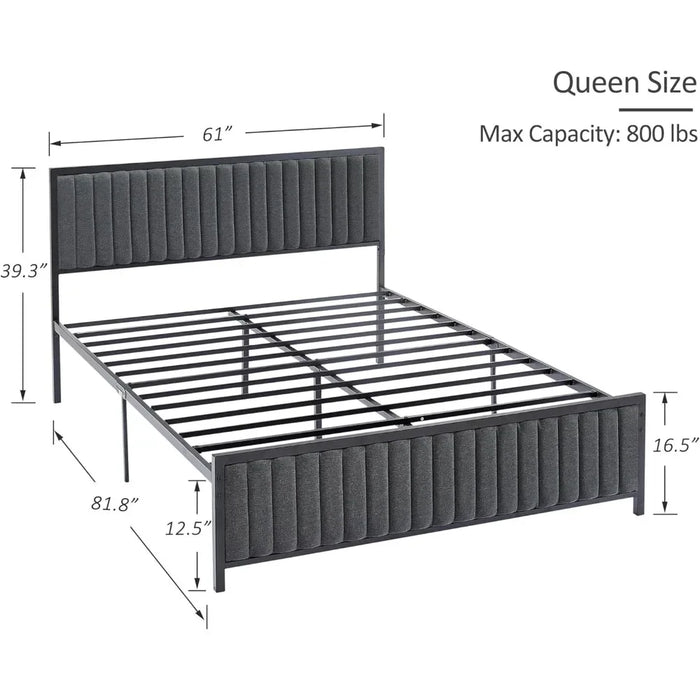 Queen Size Bed Frame, Upholstered Tufted Headboard and Footboard, Heavy Duty Steel Slatted Platform, No Box Spring Required