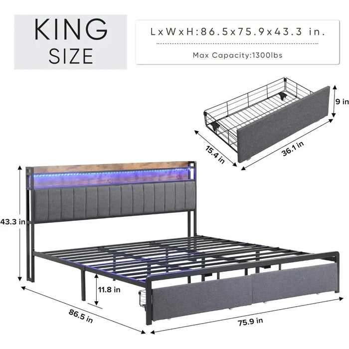 King Size LED Bed Frame with Storage Headboard and Drawers, w/USB Ports , Upholstered Platform Bed Frame King Size