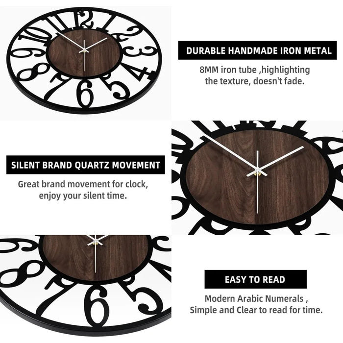 Large Wall Clock, Antique Silent Non Ticking Black Metal Wood Clocks for Living Room, Bedroom, Battery Operated Wall Clock Decor