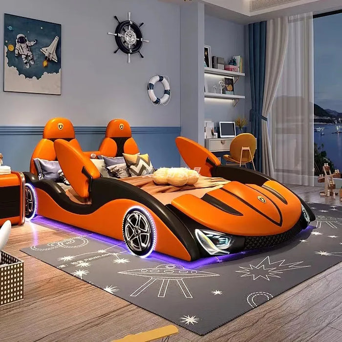 Solid wood boy car bed with guardrail children's bed single room boy sports car splicing leather bed