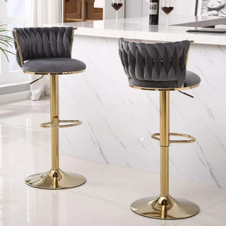 Velvet Bar Stools Set of 2,360° Swivel Woven Modern Gold Bar Stools,Adjustable Height Barstools with Backs Gold Metal Tall