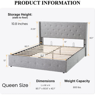 Queen Size Lift Up Storage Bed Button Tufted Wingback Headboard Hydraulic Storage  Upholstered Platform Bed Frame