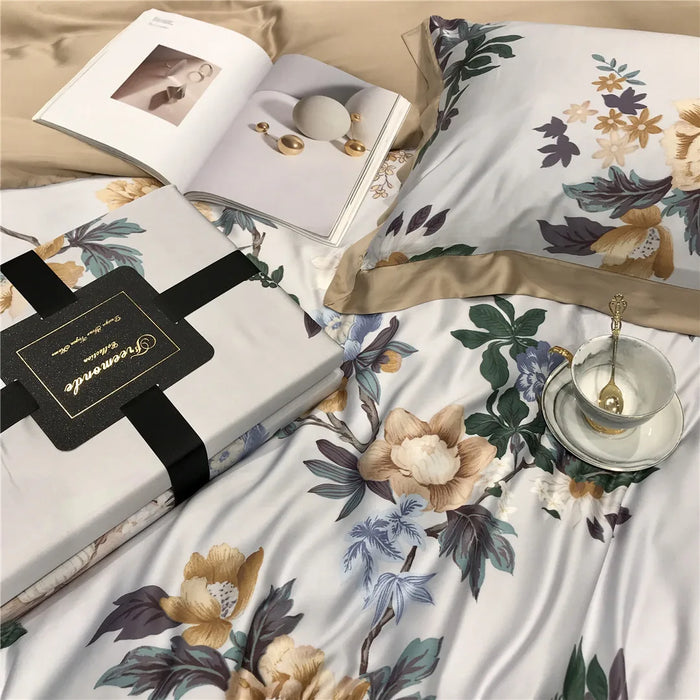 2023 newest four-piece bedding simple cotton double household bed sheet quilt cover embroidered comfortable floral white yellow