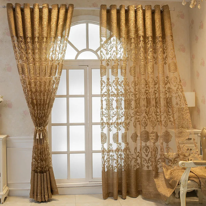 European Style Curtains for Living Dining Room Bedroom Custom Luxury Hollow Embossed Embroidery Gray Tulle Window Curtain Decor