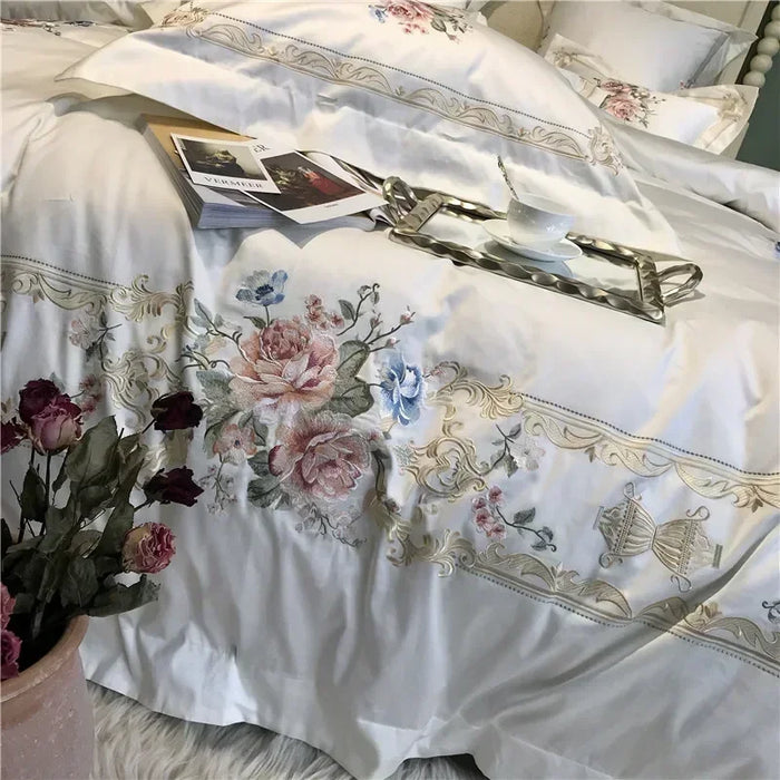 New White Blue Pink Luxury Flowers Embroidery 100S Egyptian Cotton Palace Bedding Set Duvet Cover Bed sheet/Linen Pillowcases