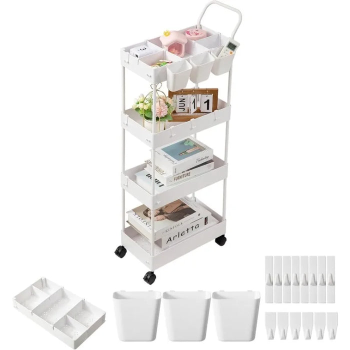 Storage Cart on Wheels, Bathroom Organizer Slim Laundry Cart Narrow Shelf Cart with Wheels Dividers Hanging Cups Hooks