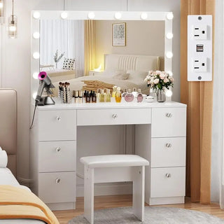 Vanity with Lighted Mirror - Makeup Vanity Desk with Mirror, Power Outlet and Drawers, Dressing Table With Color Lighting Modes