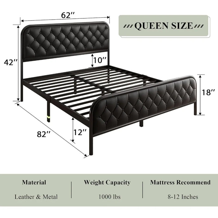 Queen Size Bed Frame, Heavy-Duty Metal Beds Frames Faux Leather Button Tufted Headboard, 12" Storage Space,Noise Free,Bed Frame