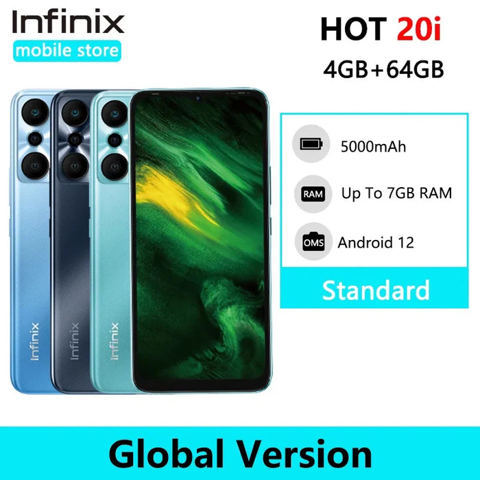 Global Version Infinix Hot 20i X665E 4GB+64GB Smartphone 6.6" Display 5000mAh Battery  8MP FF /13MP AF Triple Camera GPS 4G