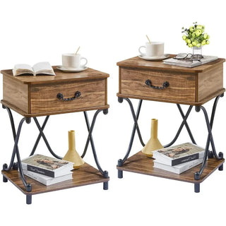 Nightstands Set of 2 with Drawer for Bedroom, Endtable Bedside Table with Storage & Open Shelf for Living Room, Brown