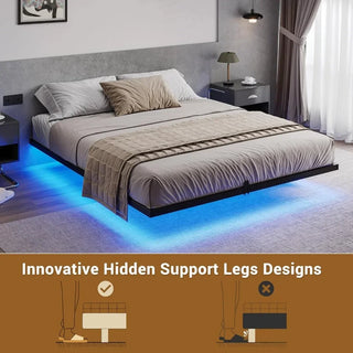 Floating Bed Frame with LED Lights, Metal Platform Queen Bed, No Box Spring Needed, Easy To Assemble, Queen Size Bed Frame