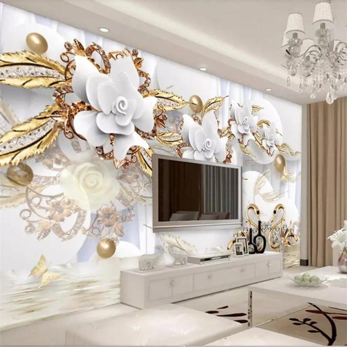 Custom wallpaper fashion 3d photo murals circle luxury gold white flower ball jewelry living room bedroom background wall mural