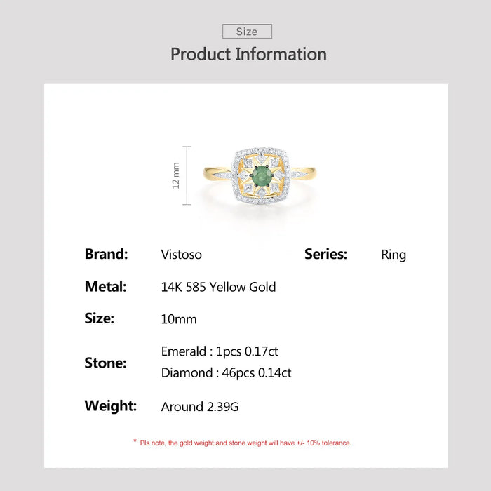 VISTOSO Genunine 14K 585 Yellow Gold Ring For Women Sparkling Diamond Emerald Delicate Square Wedding Engagement Fine Jewelry