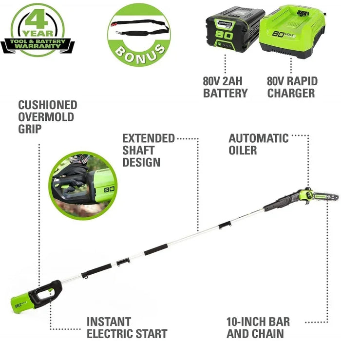 Greenworks 80V 10" Cordless Polesaw (Great For Pruning and Trimming Branches / 75  Compatible Tools), 2.0Ah Battery and Charger