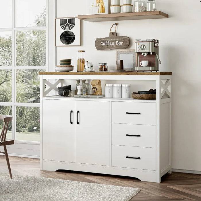 Modern Farmhouse Sideboard Buffet Cabinet, Kitchen Buffet Storage Cabinet with Drawers and Shelves, Wood Coffee Bar Cabinet