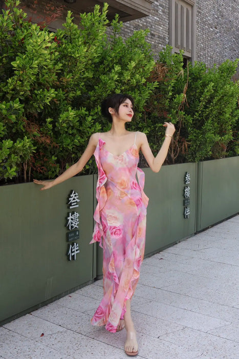 2024 Spring/Summer New Women's Wear Pink Elegant Romantic Rose Blooming Flowers Stringy Selvedge Dress 0420