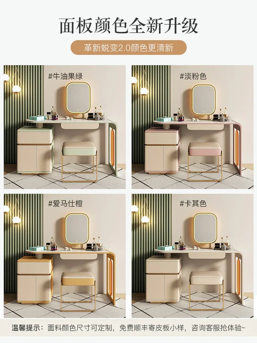 Saddle leather dresser storage cabinet, light and luxurious, modern and simple bedroom, rock plate makeup table