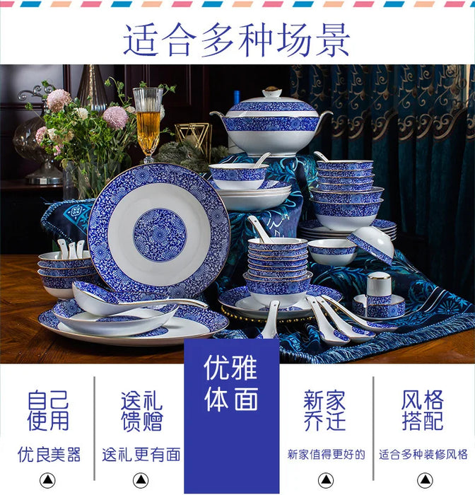 Jingdezhen 58 skull bone china tableware set, bowls and dishes, home gift giving, medium-glazed gold blue and white porcelain