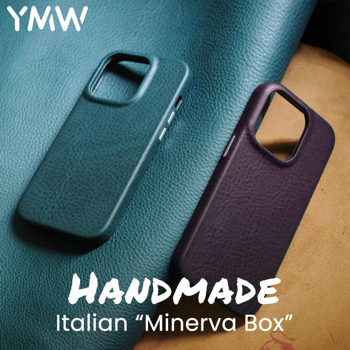 YMW Italian Minerva Box Genuine Leather Case for iPhone 14 Pro Max Plus Handmade Luxury Business Cowhide Phone Cover