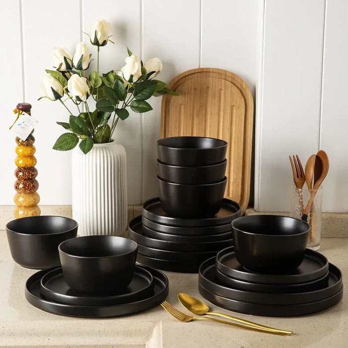 Ceramic Dinnerware Sets of 4, Modern Flat Stoneware Plates and Bowls Sets,Chip and Crack Resistant | Dishwasher & Microwave Safe