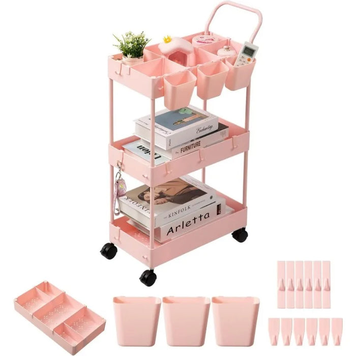 Storage Cart on Wheels, Bathroom Organizer Slim Laundry Cart Narrow Shelf Cart with Wheels Dividers Hanging Cups Hooks