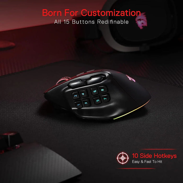 Redragon M811 PRO Wireless MMO Gaming Mouse Backlit 15 Programmable Buttons RGB Gamer 10 Side Macro Keys