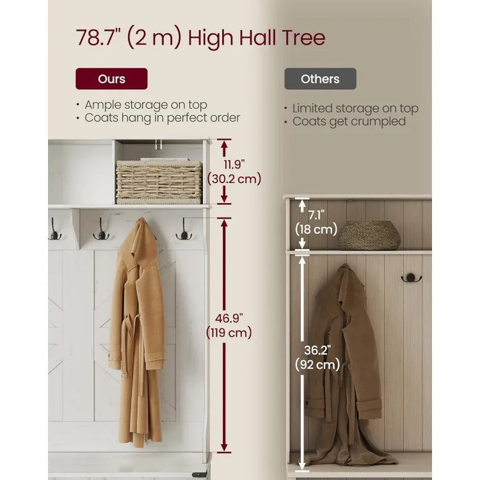 White Hall Tree with Bench and Shoe Storage, Coat Rack with Shoe Bench, 16 Open Compartments & Adjustable Shelf