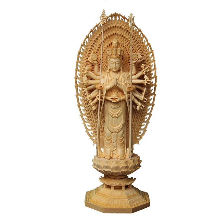 Creative Wood Carving Sculpture Large Lotus Thousand Hands Avalokitesvara Bodhisattva Carved Buddha Statue Household Decoration