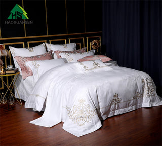 Gold Paisley Bedding Sets Jacquard Embroidery White Cotton Fabric Bedspread Bed Sheets Pillowcase Duvet Cover Cushion Cover