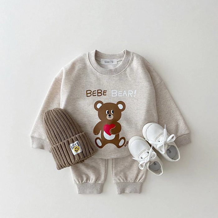 2024 Autumn New Arrival Sports Set Children Girls Comfortable Bear Solid Pullover Sweatshirts+Loose Cotton Pants Boy Casual Suit