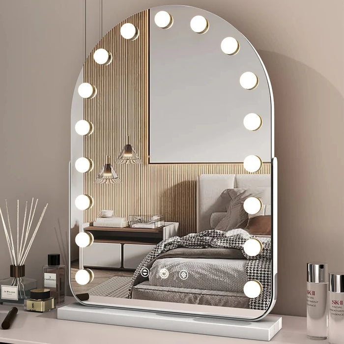 Arched Makeup Mirrors Cosmetics Beauty Mirror with Lights Touch Screen Dimming Tabletop Plug in 360 Rotation with 10x Magnifying