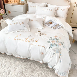 100% Cotton White Bedding Set Luxury Flowers Embroidered Duvet Cover Bed Sheet Pillowcases Solid Color Home Textile