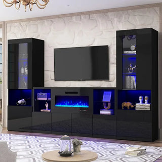 68" Fireplace TV Stand with 40" Electric Fireplace, Modern High Gloss Fireplace Entertainment Center with LED Lights for TVs
