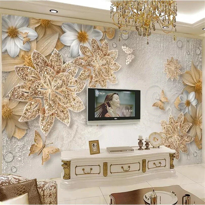 Custom wallpaper fashion 3d photo murals circle luxury gold white flower ball jewelry living room bedroom background wall mural