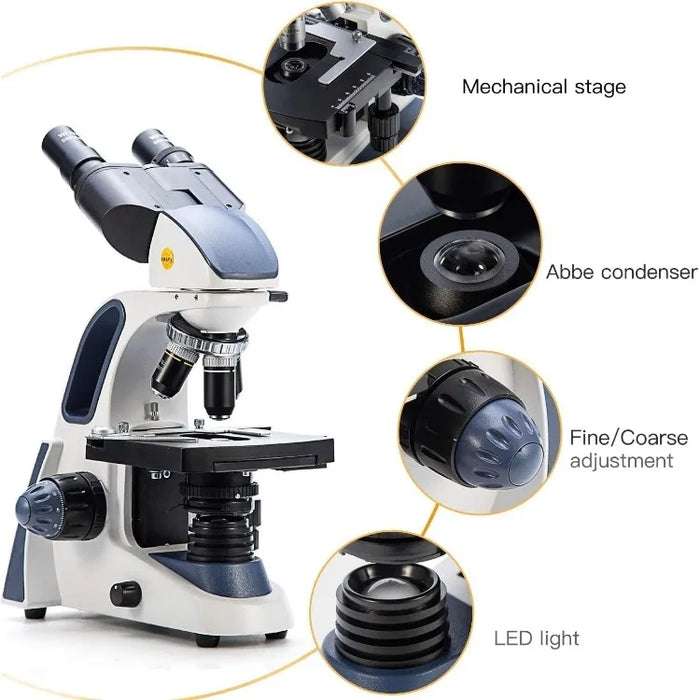 SW380B Binocular Compound Microscope with 1.3MP Camera and 5 Prepared Slides+5 Blank Slides, 40X-2500X,Mechanical Stage