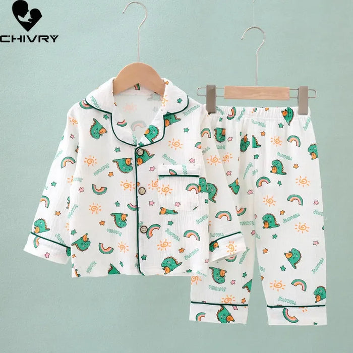 Kids Summer Thin Pajamas Sets New 2023 Boys Girls Cotton Linen Cartoon Long Sleeve Lapel Shirt Tops with Pants Baby Home Wear