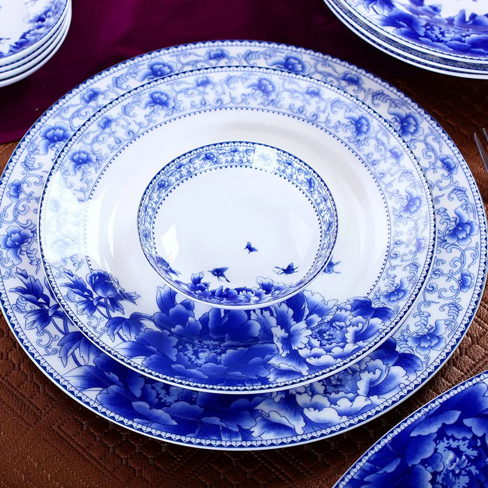 Jingdezhen High-grade Chinese Blue and White  Porcelain Tableware Set Wholesale Ceramic Bowls, Dishes and Spoons Business Gifts