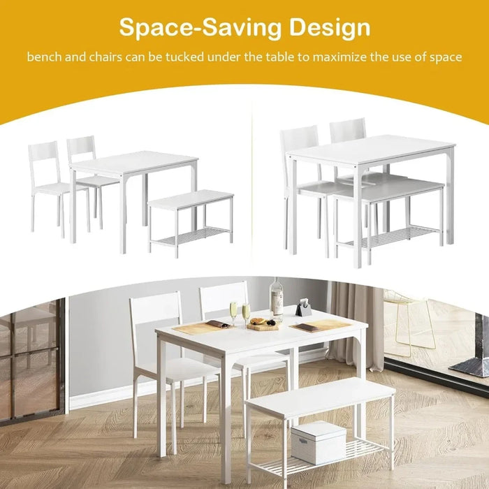 4 Person Dining Table Set,43.3 inch Kitchen Table Set for 4,2 Chairs with Backrest,2-Person Bench with Storage, White Rack