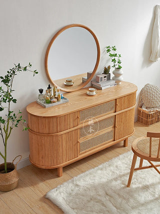 Japanese-Style Solid Wood Rattan Makeup Table Dresser