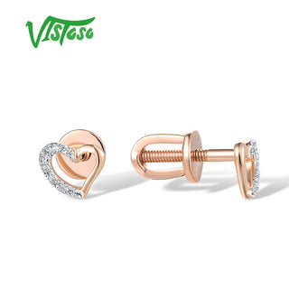 VISTOSO Pure 14K 585 Rose Gold Stud Earrings For Women Sparkling Diamonds lovely Heart Wedding Anniversary Delicate Fine Jewelry