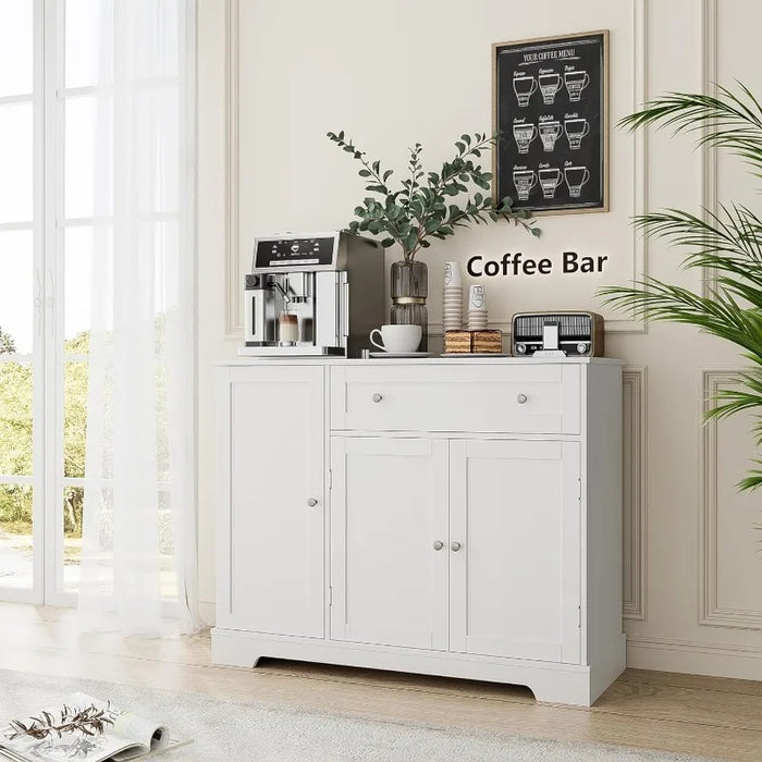 Buffet Cabinet with Storage,  Wood Coffee Bar Kitchen Storage Cabinet with Drawer and Adjustable Shelf , White