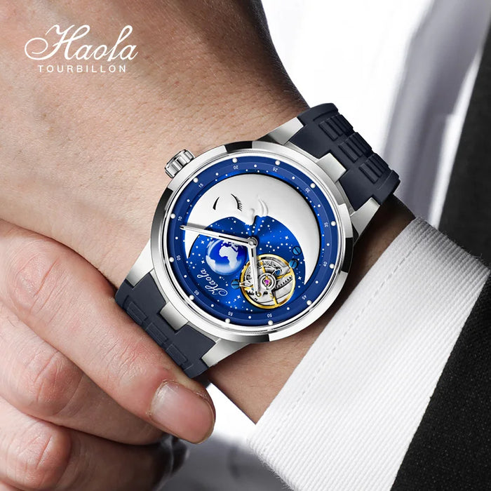 Haofa Flying Carrousel Mechanical Mens Watch Sapphire Manual Rotating Karrusel Watch For Men Moon Waterproof Luminous Luxury