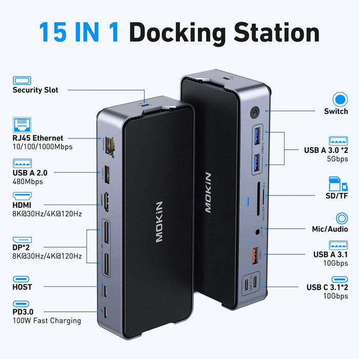 8K USB C Laptop Docking Station,Docking Station 3 Monitors with 2*DP&1*HDMI Ports,15 in 1 Hub Dock for Dual/Triple Monitors,100W