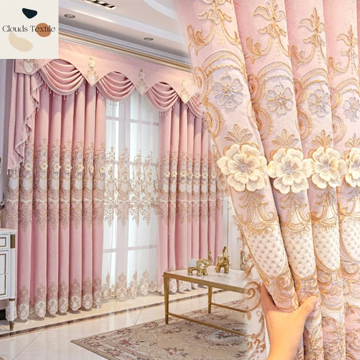 Luxury European Pink Curtains for Living Dining Room Bedroom High-grade Atmosphere Blackout Cloth Simple European Floor Windows